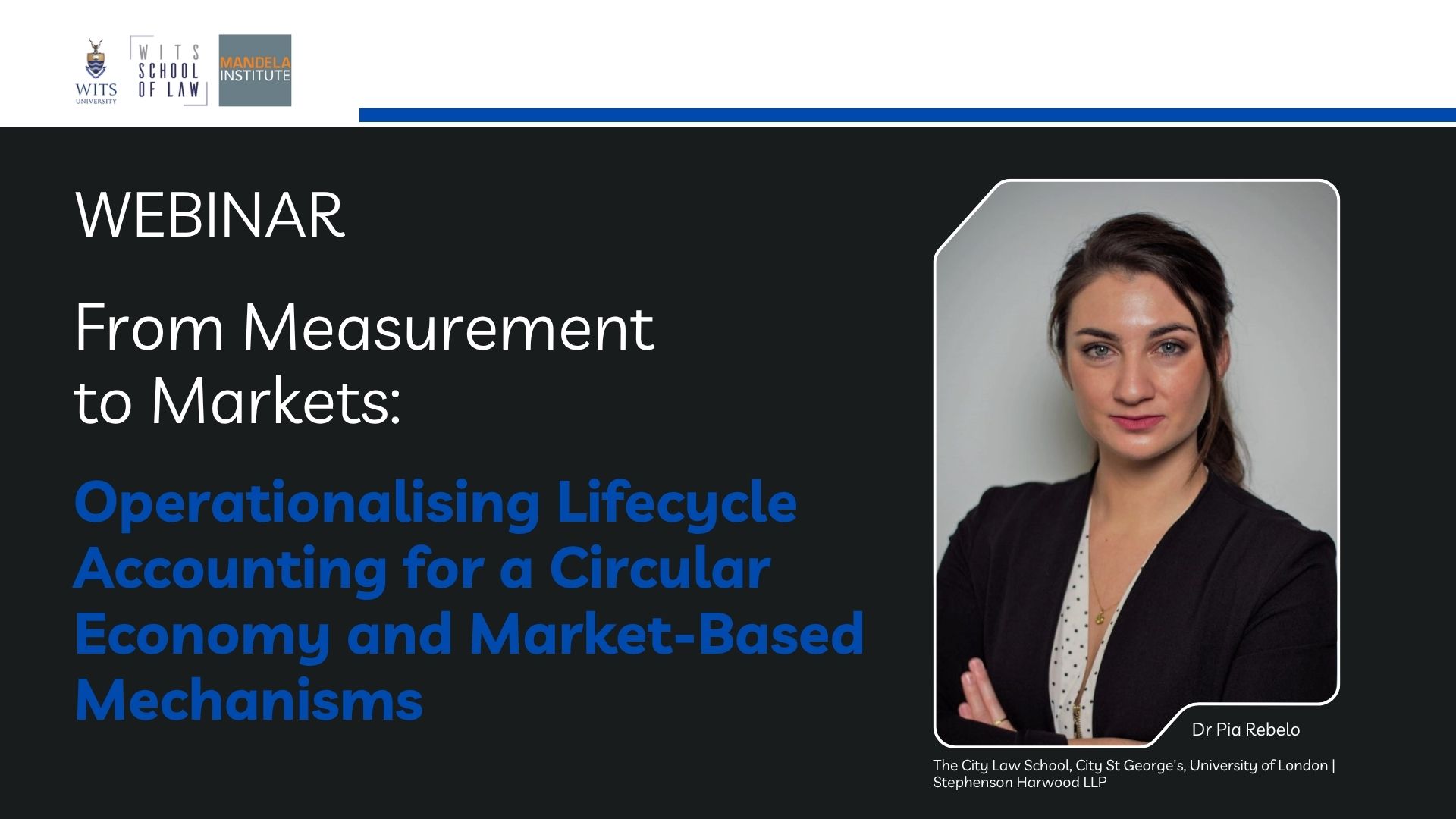 Promotional webinar graphic on lifecycle accounting and circular economy markets, featuring a speaker portrait and information on market-based sustainability mechanisms.